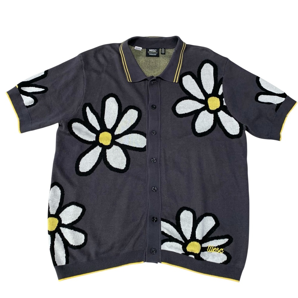 WESC Daisy Knit Polo Cardigan Mens XL Gray Floral Button Front Streetwear Shirt